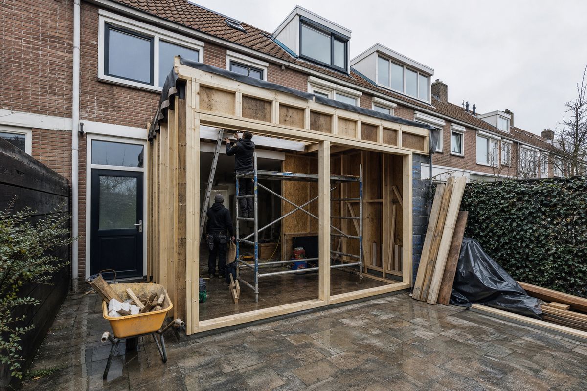Houten aanbouw in uitvoering achter een Nederlandse rijwoning